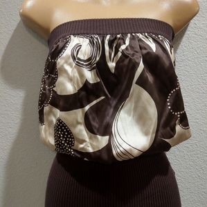 BeBe brown tan silk blouson tube top XS